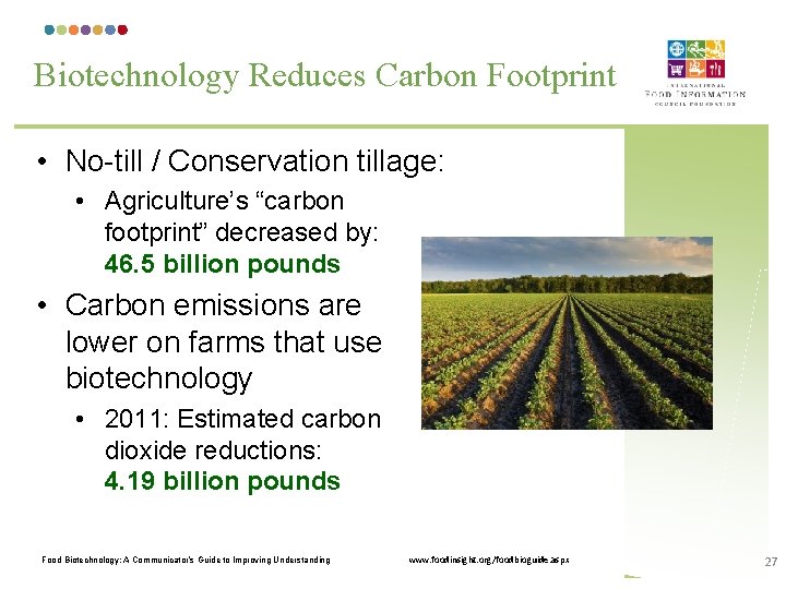 Biotechnology Reduces Carbon Footprint • No-till / Conservation tillage: • Agriculture’s “carbon footprint” decreased