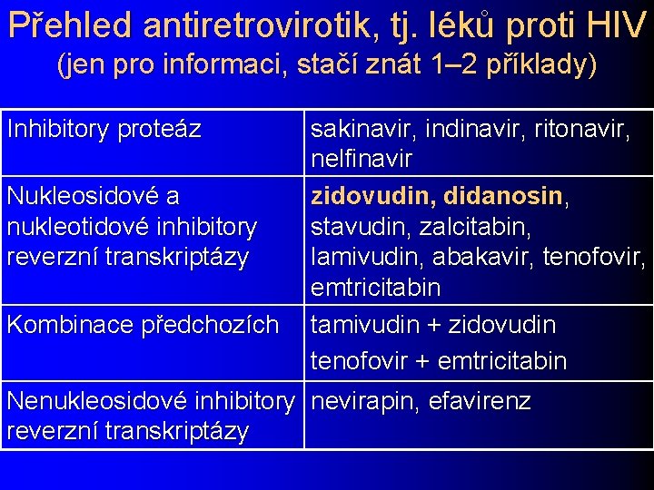 Přehled antiretrovirotik, tj. léků proti HIV (jen pro informaci, stačí znát 1– 2 příklady)