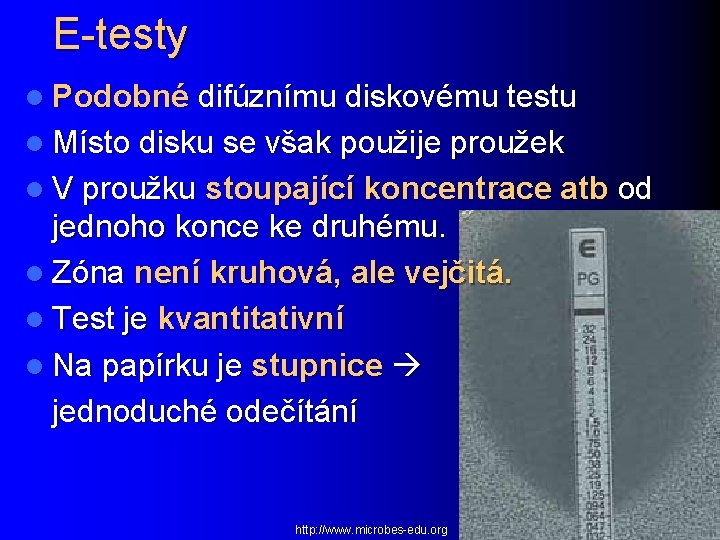 E-testy l Podobné difúznímu diskovému testu l Místo disku se však použije proužek l