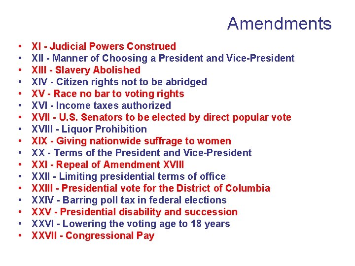 Amendments • • • • • XI - Judicial Powers Construed XII - Manner