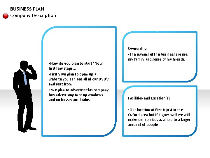 BUSINESS PLAN Company Description • How do you plan to start? Your first few