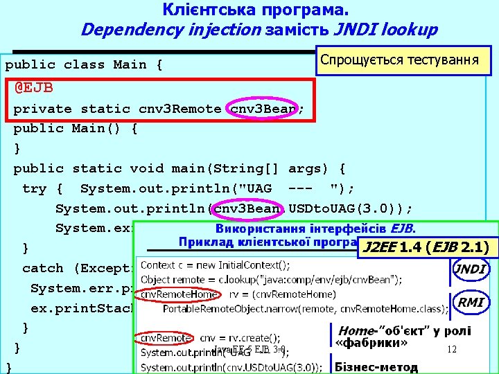 Клієнтська програма. Dependency injection замість JNDI lookup public class Main { Спрощується тестування @EJB