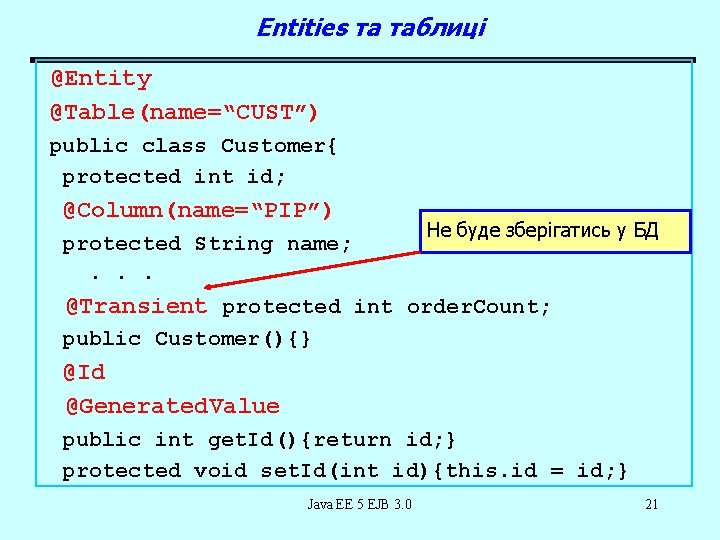 Entities та таблиці @Entity @Table(name=“CUST”) public class Customer{ protected int id; @Column(name=“PIP”) protected String