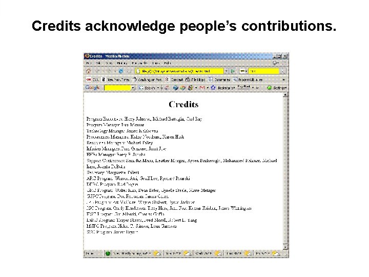 Credits acknowledge people’s contributions. 