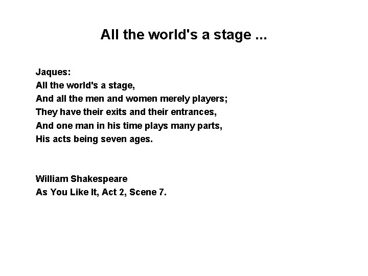 All the world's a stage. . . Jaques: All the world's a stage, And