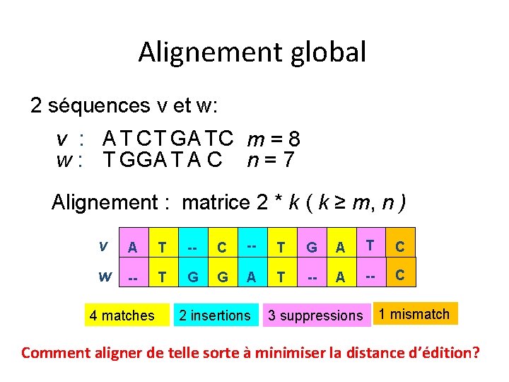 Alignement global 2 séquences v et w: v : A T CT GA TC