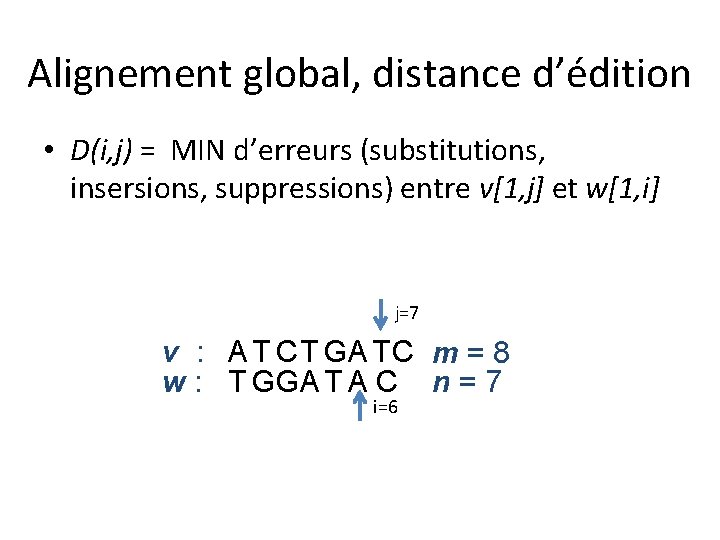 Alignement global, distance d’édition • D(i, j) = MIN d’erreurs (substitutions, insersions, suppressions) entre