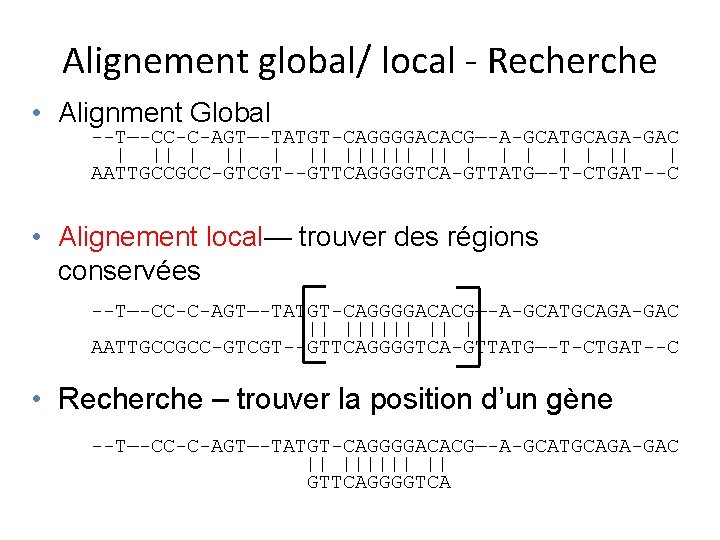 Alignement global/ local - Recherche • Alignment Global --T—-CC-C-AGT—-TATGT-CAGGGGACACG—-A-GCATGCAGA-GAC | || |||||| || |