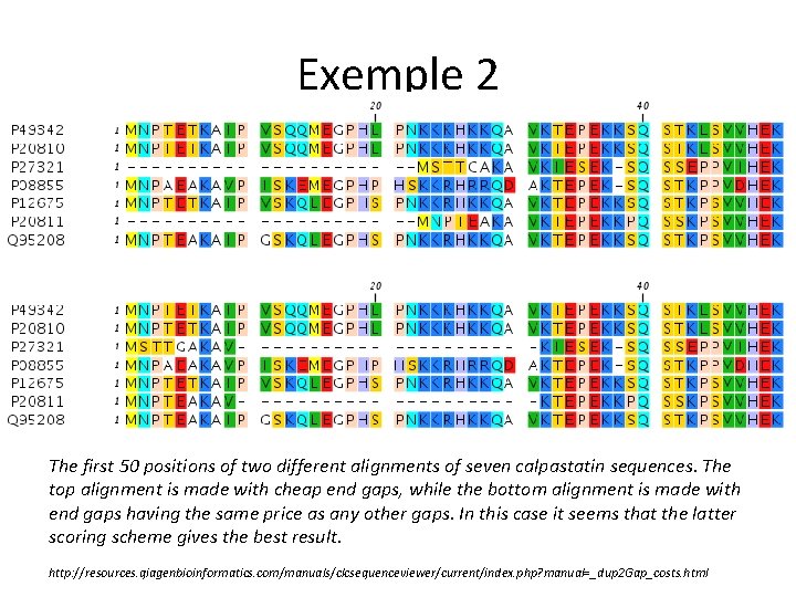 Exemple 2 The first 50 positions of two different alignments of seven calpastatin sequences.
