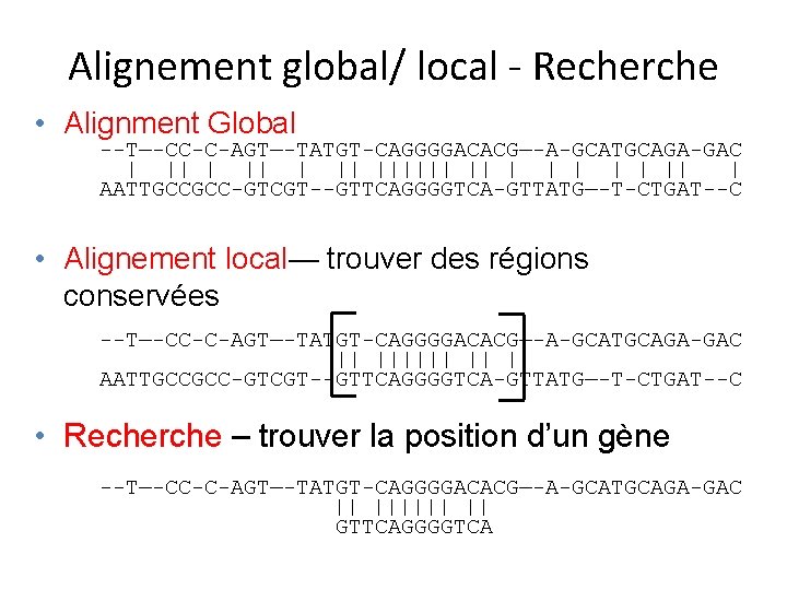 Alignement global/ local - Recherche • Alignment Global --T—-CC-C-AGT—-TATGT-CAGGGGACACG—-A-GCATGCAGA-GAC | || |||||| || |