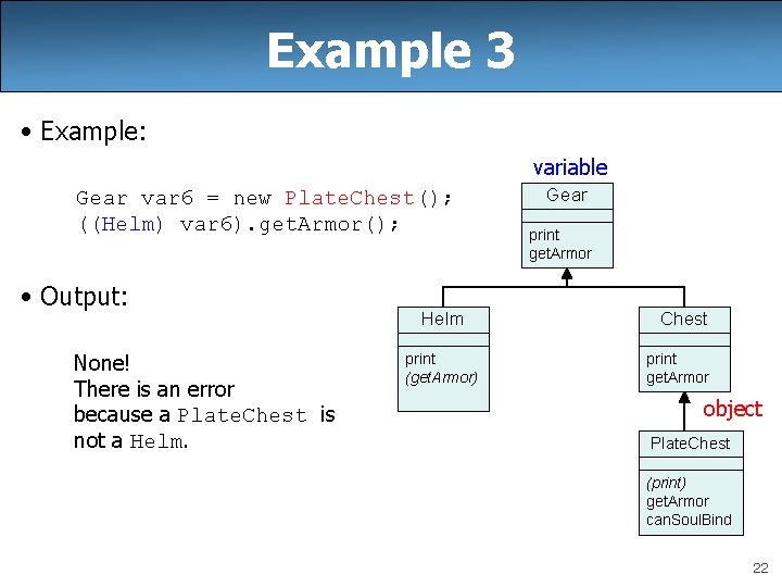 Example 3 • Example: variable Gear var 6 = new Plate. Chest(); ((Helm) var