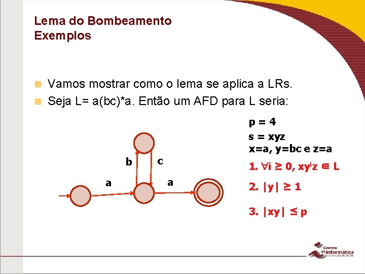 Lema do Bombeamento Exemplos Vamos mostrar como o lema se aplica a LRs. n