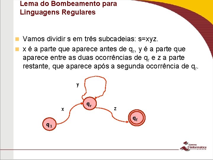 Lema do Bombeamento para Linguagens Regulares Vamos dividir s em três subcadeias: s=xyz. n