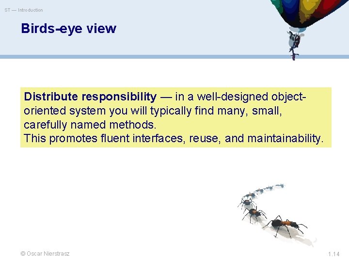 ST — Introduction Birds-eye view Distribute responsibility — in a well-designed objectoriented system you