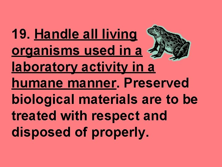 19. Handle all living organisms used in a laboratory activity in a humane manner.