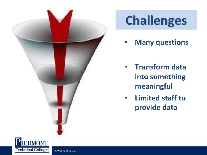 Challenges • Many questions • Transform data into something meaningful • Limited staff to Challenges • Many questions • Transform data into something meaningful • Limited staff to