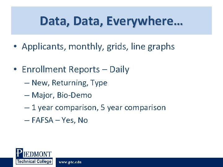Data, Everywhere… • Applicants, monthly, grids, line graphs • Enrollment Reports – Daily – Data, Everywhere… • Applicants, monthly, grids, line graphs • Enrollment Reports – Daily –