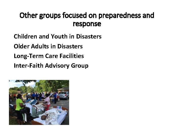 Other groups focused on preparedness and response Children and Youth in Disasters Older Adults