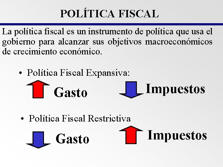 POLÍTICA FISCAL La política fiscal es un instrumento de política que usa el gobierno