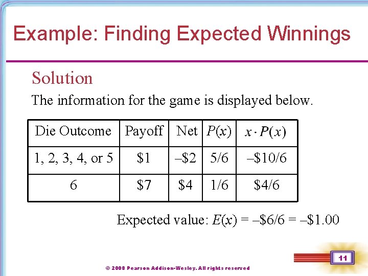 Example: Finding Expected Winnings Solution The information for the game is displayed below. Die