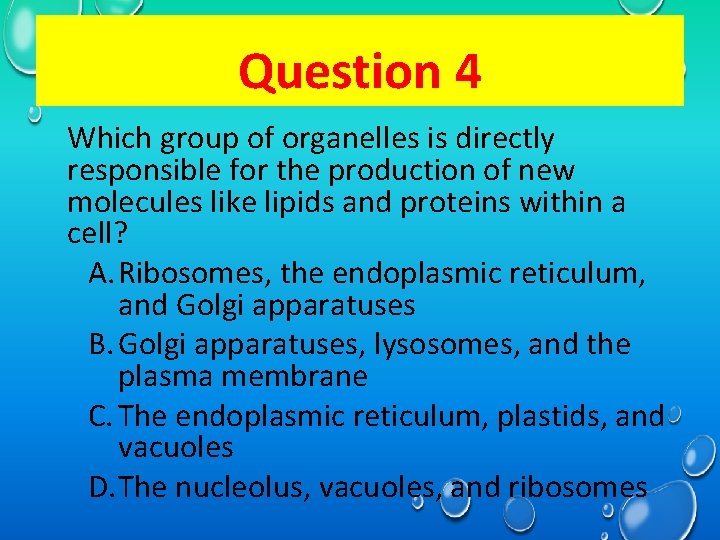 Question 1 4 Which group of organelles is directly responsible for the production of