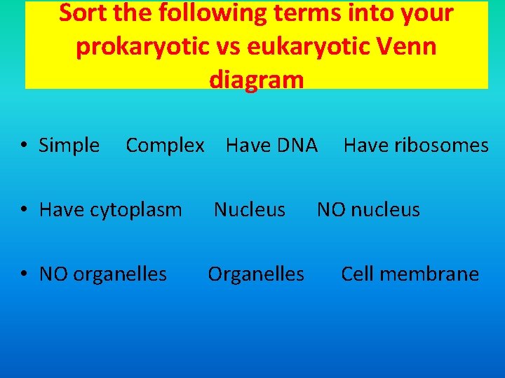Sort the following terms into your prokaryotic vs eukaryotic Venn diagram • Simple Complex