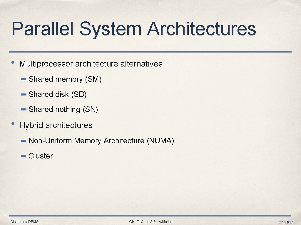 Parallel System Architectures • Multiprocessor architecture alternatives ➡ Shared memory (SM) ➡ Shared disk Parallel System Architectures • Multiprocessor architecture alternatives ➡ Shared memory (SM) ➡ Shared disk