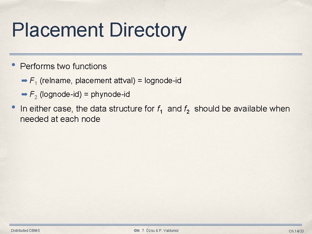 Placement Directory • Performs two functions ➡ F 1 (relname, placement attval) = lognode-id Placement Directory • Performs two functions ➡ F 1 (relname, placement attval) = lognode-id