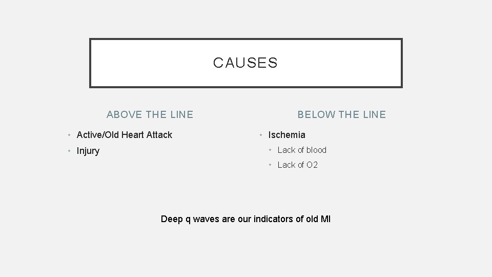 CAUSES ABOVE THE LINE • Active/Old Heart Attack • Injury BELOW THE LINE •