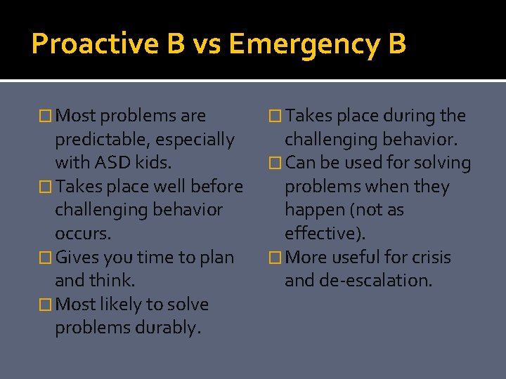 Proactive B vs Emergency B � Most problems are predictable, especially with ASD kids.