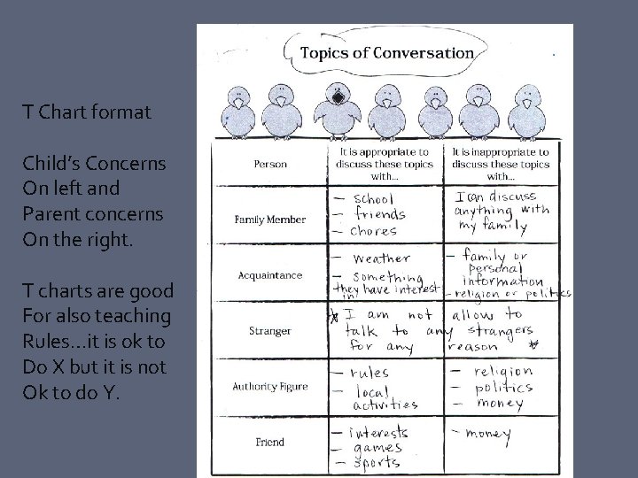 T Chart format Child’s Concerns On left and Parent concerns On the right. T