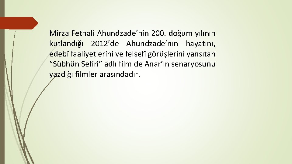 Mirza Fethali Ahundzade’nin 200. doğum yılının kutlandığı 2012’de Ahundzade’nin hayatını, edebî faaliyetlerini ve felsefî