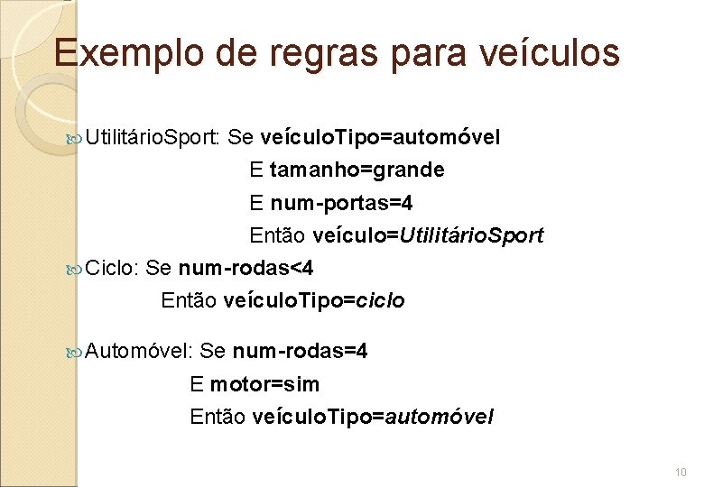 Exemplo de regras para veículos Utilitário. Sport: Se veículo. Tipo=automóvel E tamanho=grande E num-portas=4