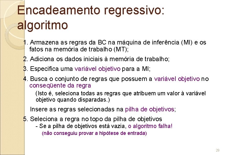 Encadeamento regressivo: algoritmo 1. Armazena as regras da BC na máquina de inferência (MI)