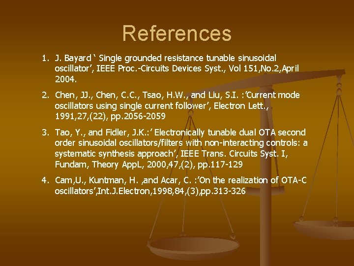 References 1. J. Bayard ‘ Single grounded resistance tunable sinusoidal oscillator’, IEEE Proc. -Circuits