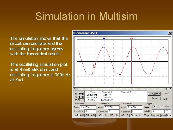 Simulation in Multisim The simulation shows that the circuit can oscillate and the oscillating