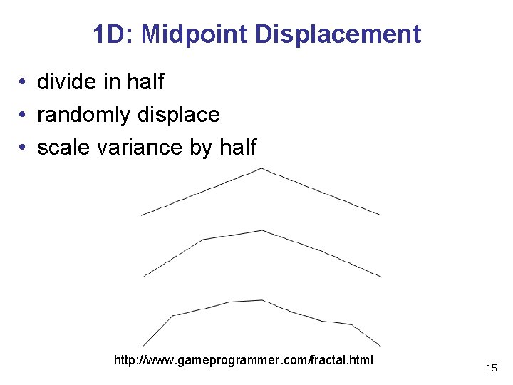 1 D: Midpoint Displacement • divide in half • randomly displace • scale variance
