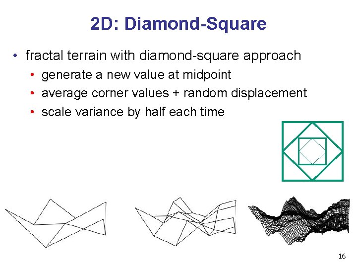 2 D: Diamond-Square • fractal terrain with diamond-square approach • generate a new value
