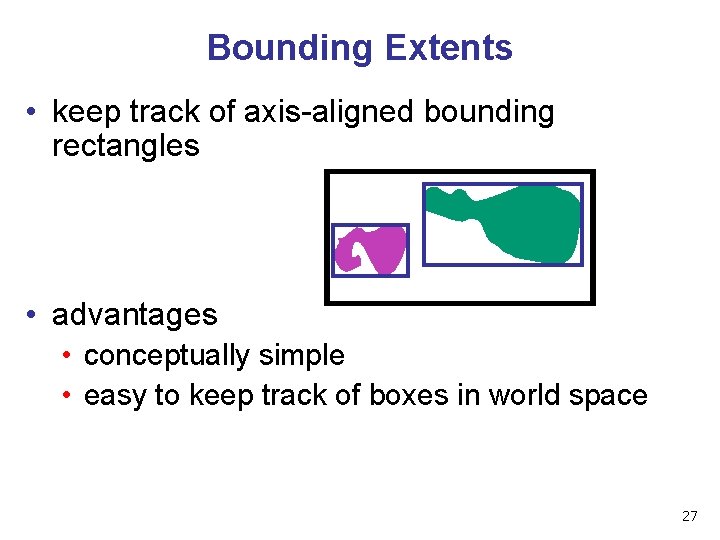 Bounding Extents • keep track of axis-aligned bounding rectangles • advantages • conceptually simple