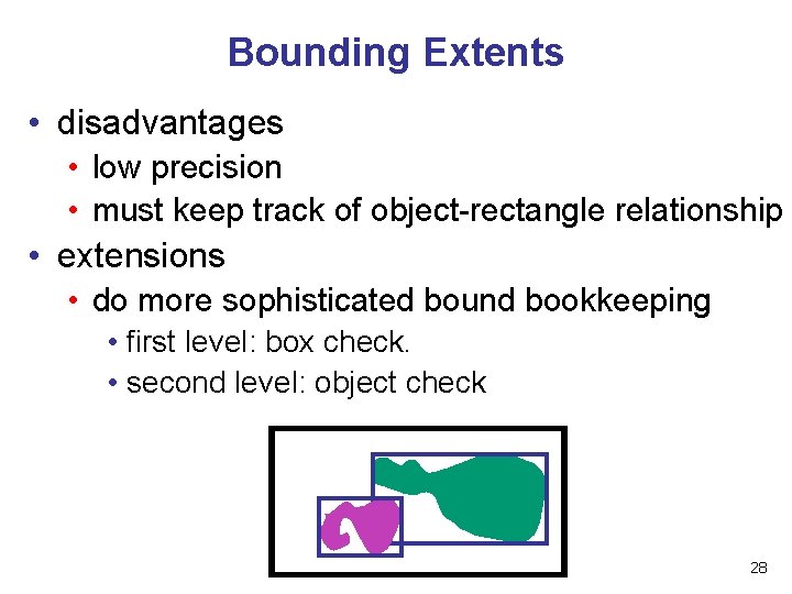 Bounding Extents • disadvantages • low precision • must keep track of object-rectangle relationship