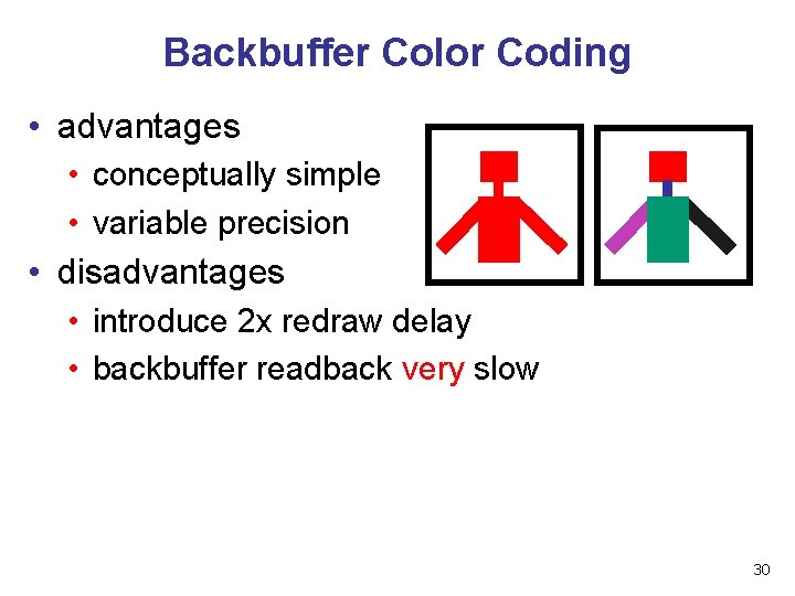 Backbuffer Color Coding • advantages • conceptually simple • variable precision • disadvantages •