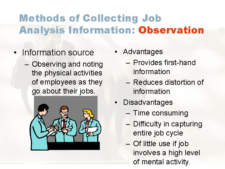 Methods of Collecting Job Analysis Information: Observation • Information source – Observing and noting