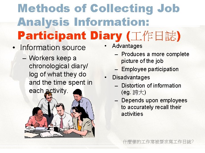 Methods of Collecting Job Analysis Information: Participant Diary ( 作日誌) • Information source –