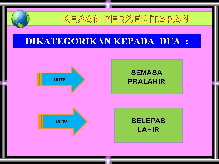 KESAN PERSEKITARAN DIKATEGORIKAN KEPADA DUA : IAITU SEMASA PRALAHIR SELEPAS LAHIR 