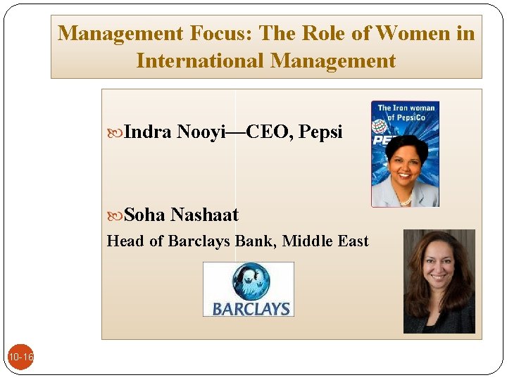 Management Focus: The Role of Women in International Management Indra Nooyi—CEO, Pepsi Soha Nashaat