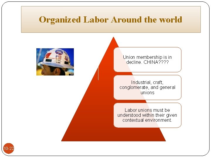 Organized Labor Around the world Union membership is in decline. CHINA? ? Industrial, craft,