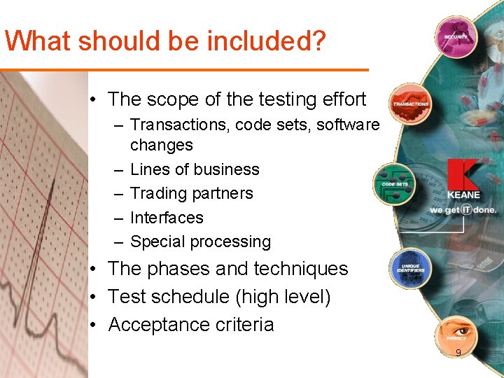 What should be included? • The scope of the testing effort – Transactions, code