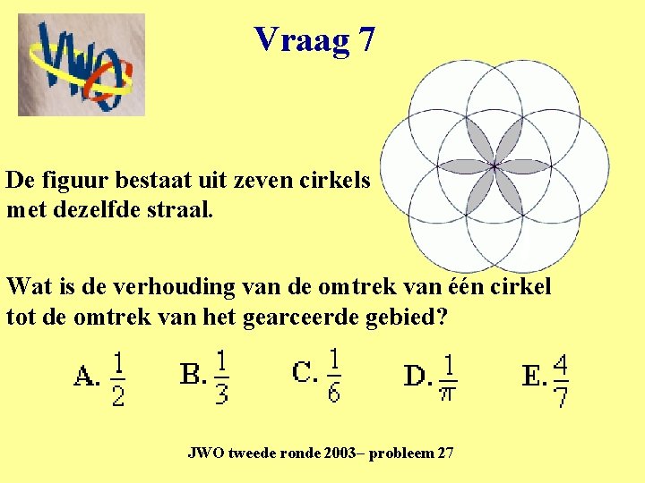 Vraag 7 De figuur bestaat uit zeven cirkels met dezelfde straal. Wat is de