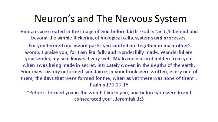 Neuron’s and The Nervous System Humans are created in the image of God before