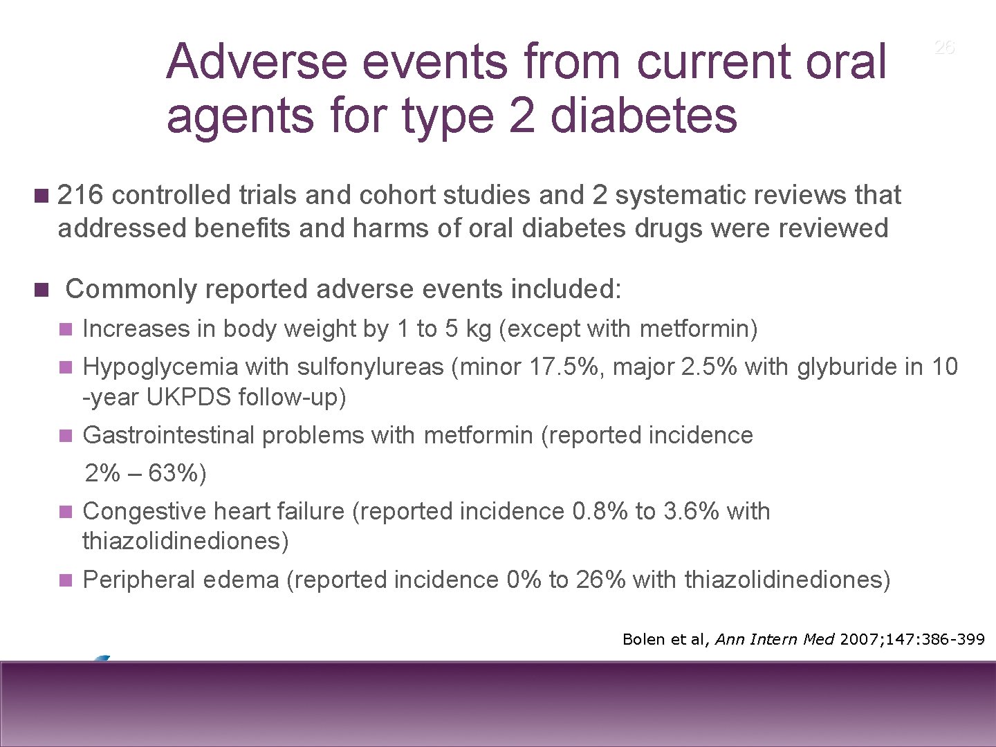Adverse events from current oral agents for type 2 diabetes 26 n 216 controlled